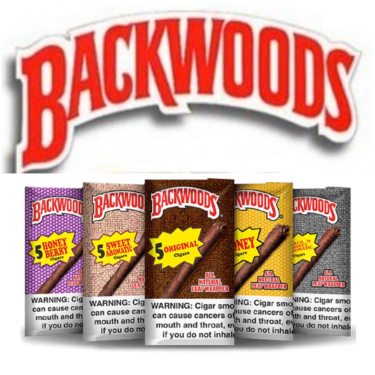 Backwood's cigars logo with five different flavors