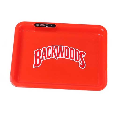 A red tray with the words backwoods on it