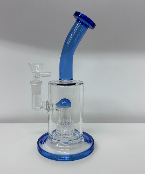 A glass bong with a blue handle on a white table