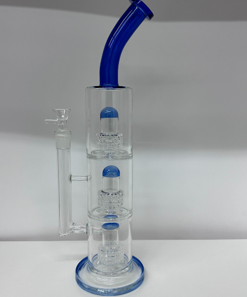 A blue pipe in a clear glass container