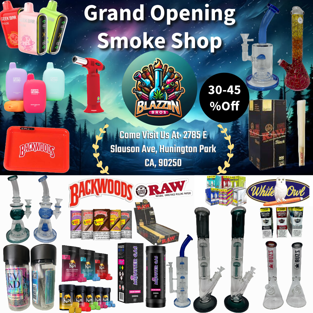 An advertisement for a smoke shop with a variety of items